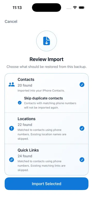 Contact Links import screen