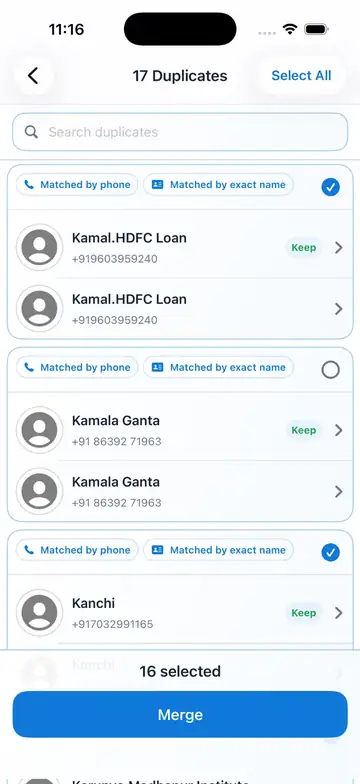 Contact Links duplicate management screen