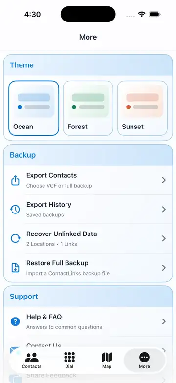 Contact Links settings and backup