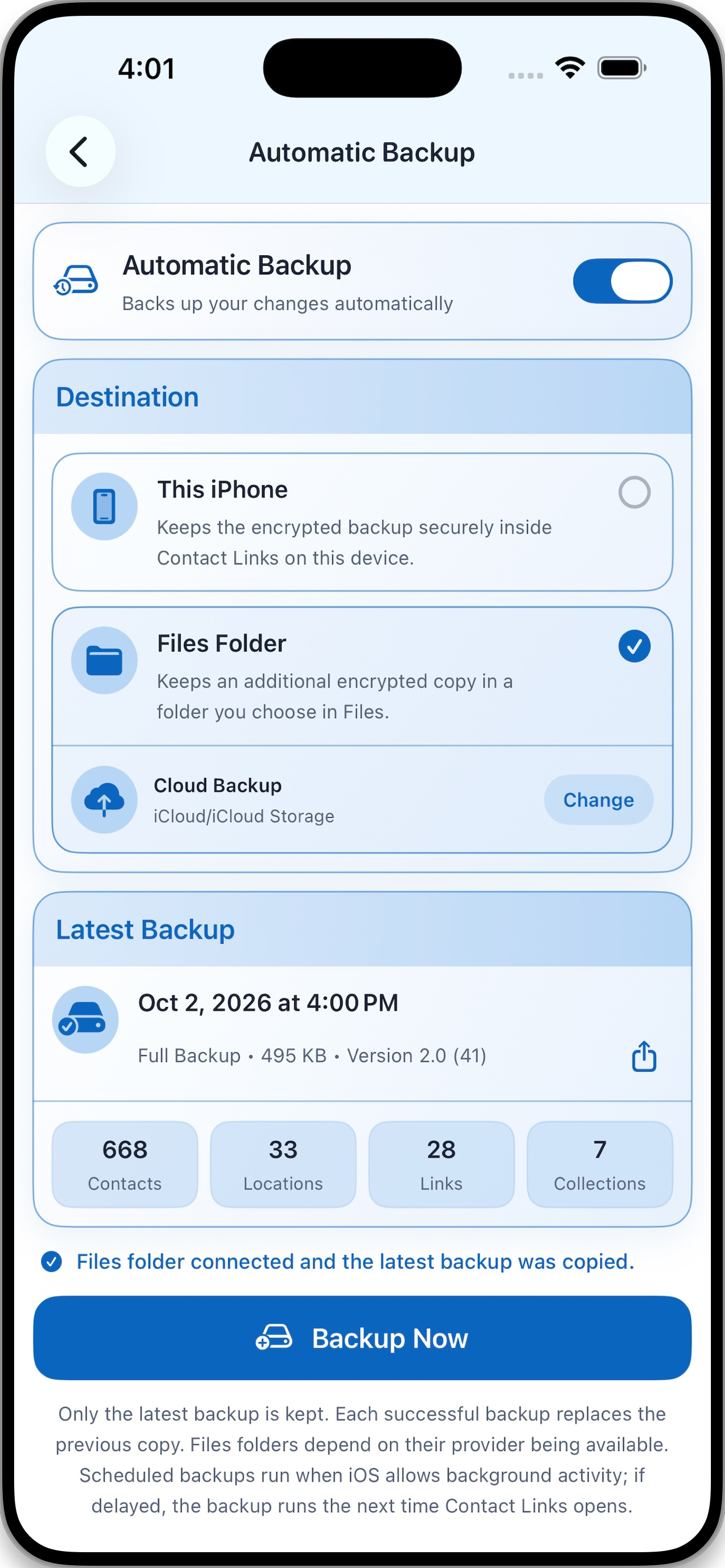 Contact Links automatic backup settings