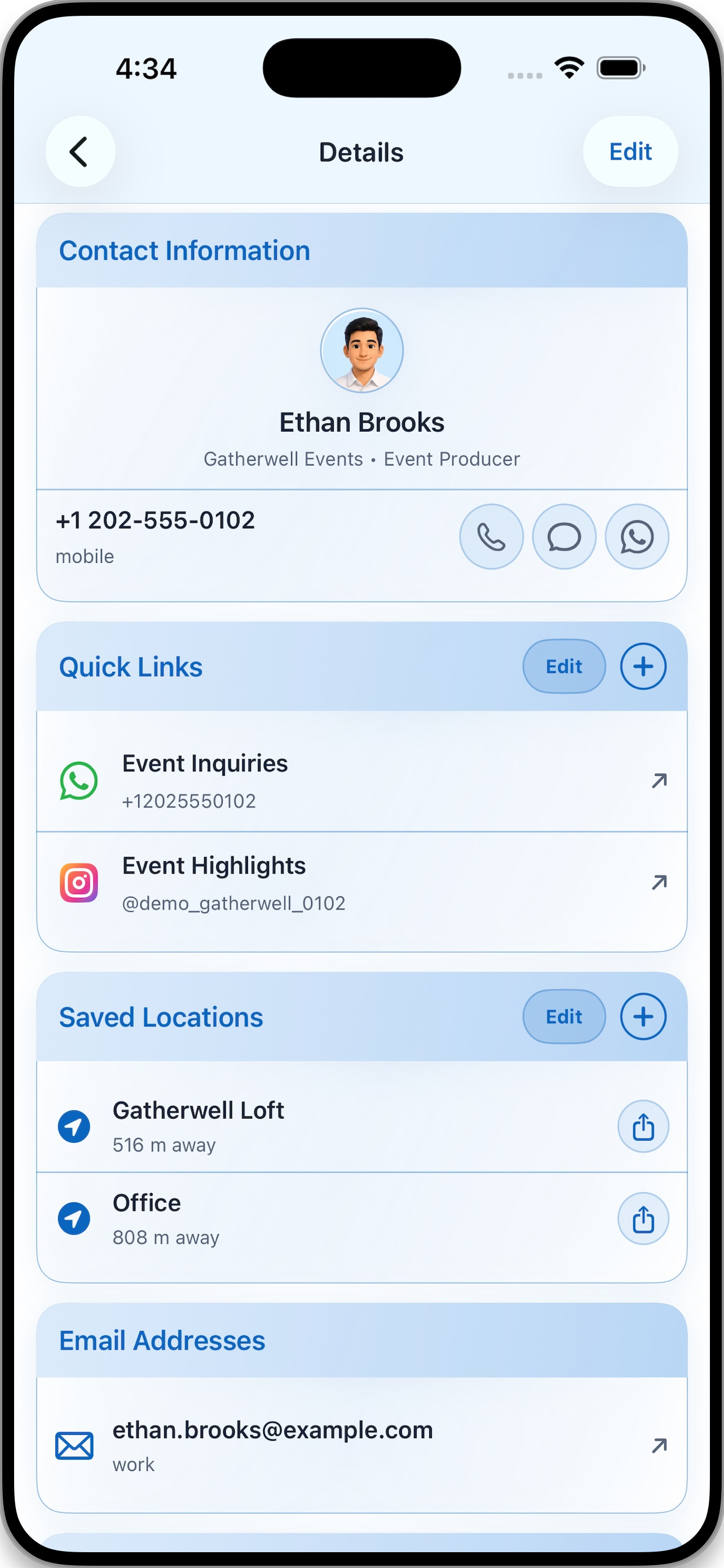 Contact Links contact details and quick actions