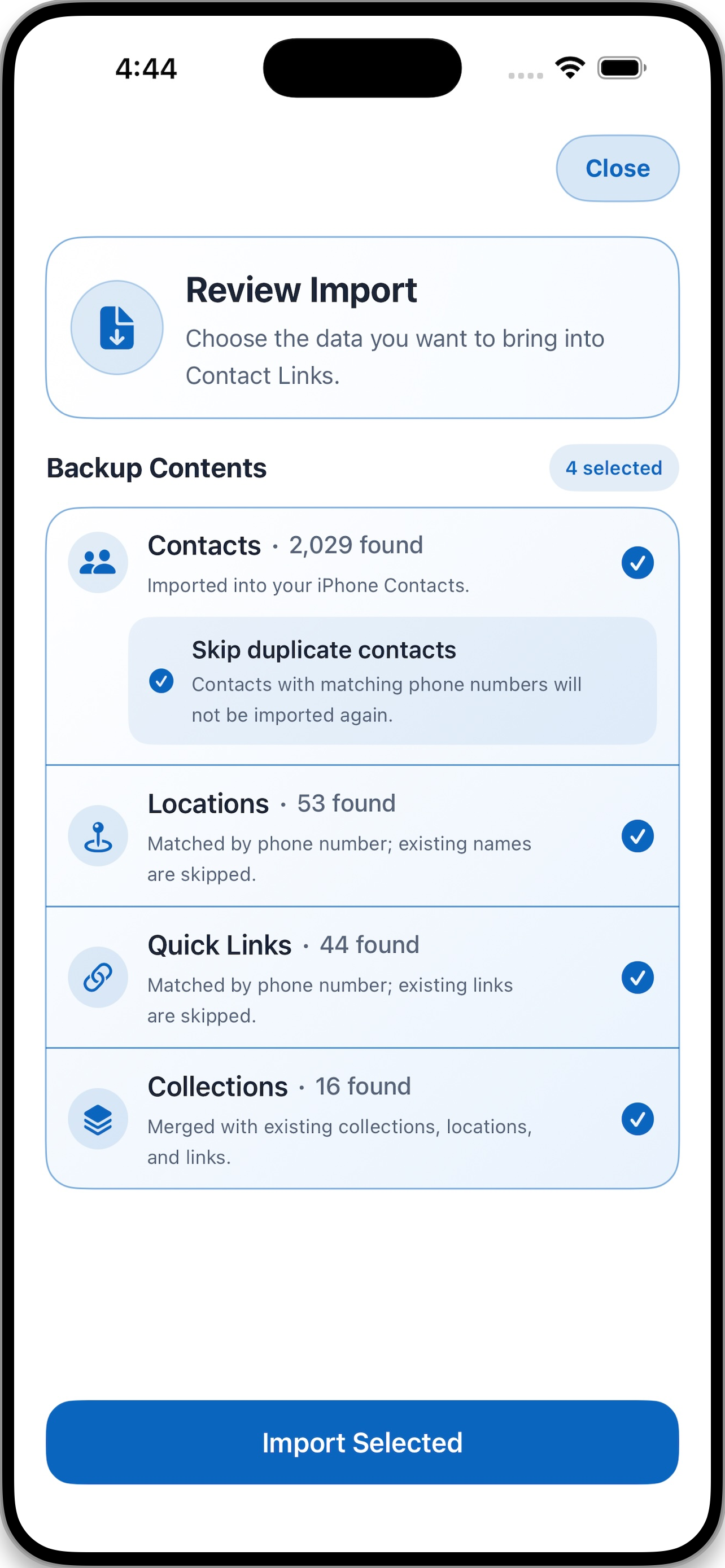 Contact Links selective import