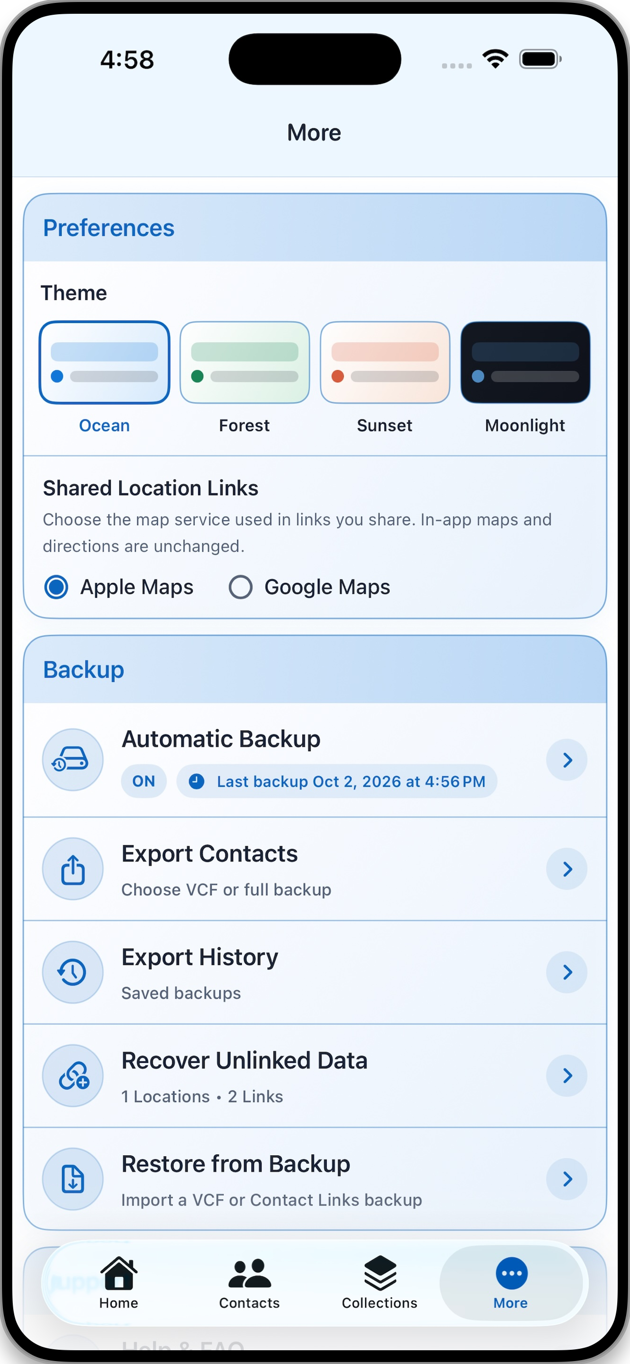 Contact Links preferences and backup tools